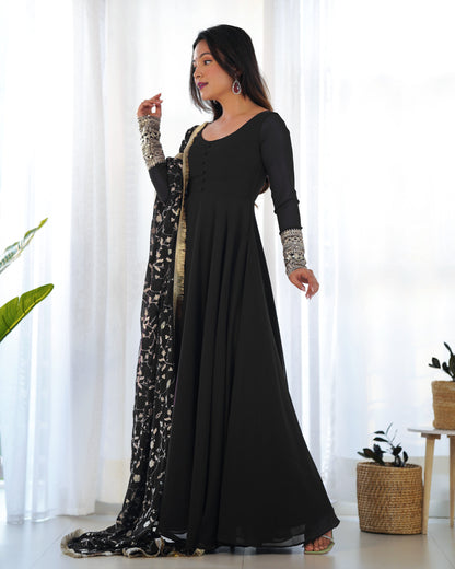 Black Fox Georgette Anarkali Gown Set with Embroidered Dupatta & Pants
