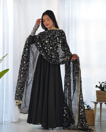 Black Fox Georgette Anarkali Gown Set with Embroidered Dupatta & Pants