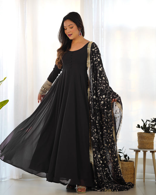 Black Fox Georgette Anarkali Gown Set with Embroidered Dupatta & Pants