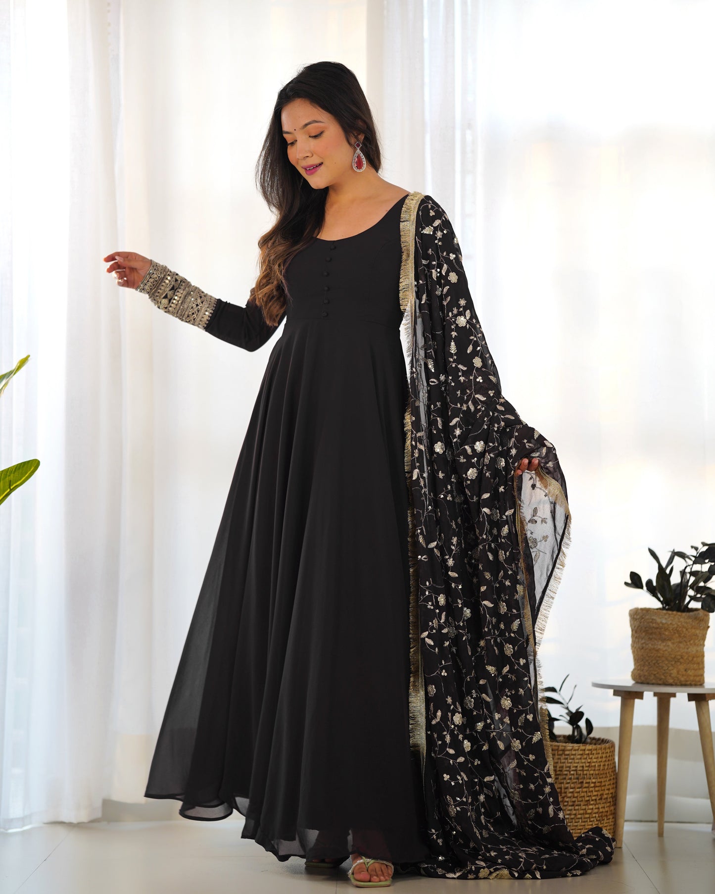 Black Fox Georgette Anarkali Gown Set with Embroidered Dupatta & Pants