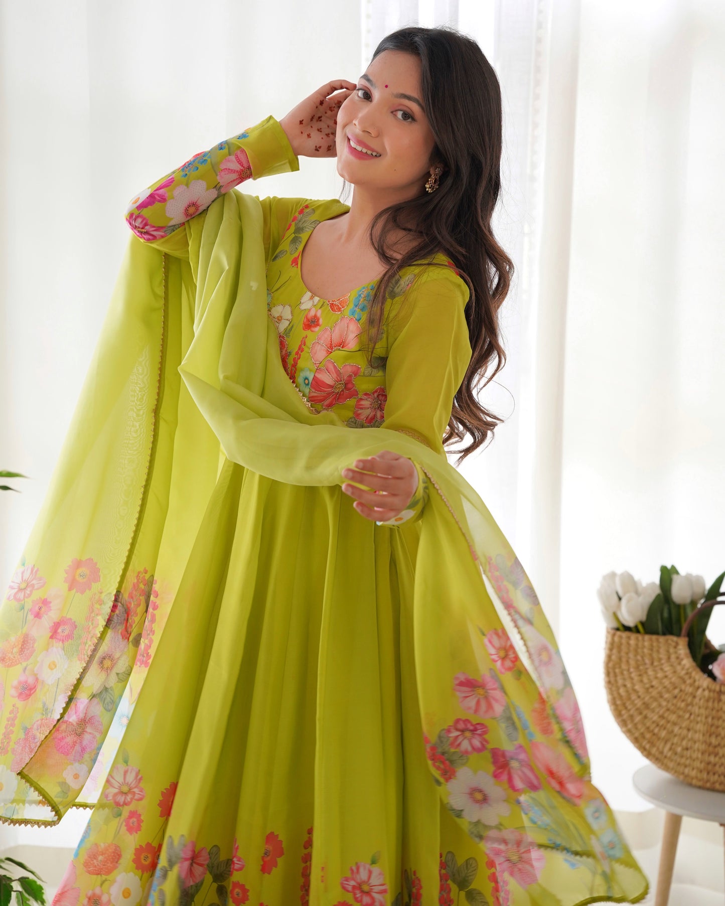 Light Green Soft Organza Anarkali Suit Set with Flared Gown, Dupatta & Pants