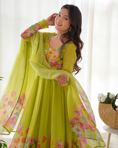 Light Green Soft Organza Anarkali Suit Set with Flared Gown, Dupatta & Pants