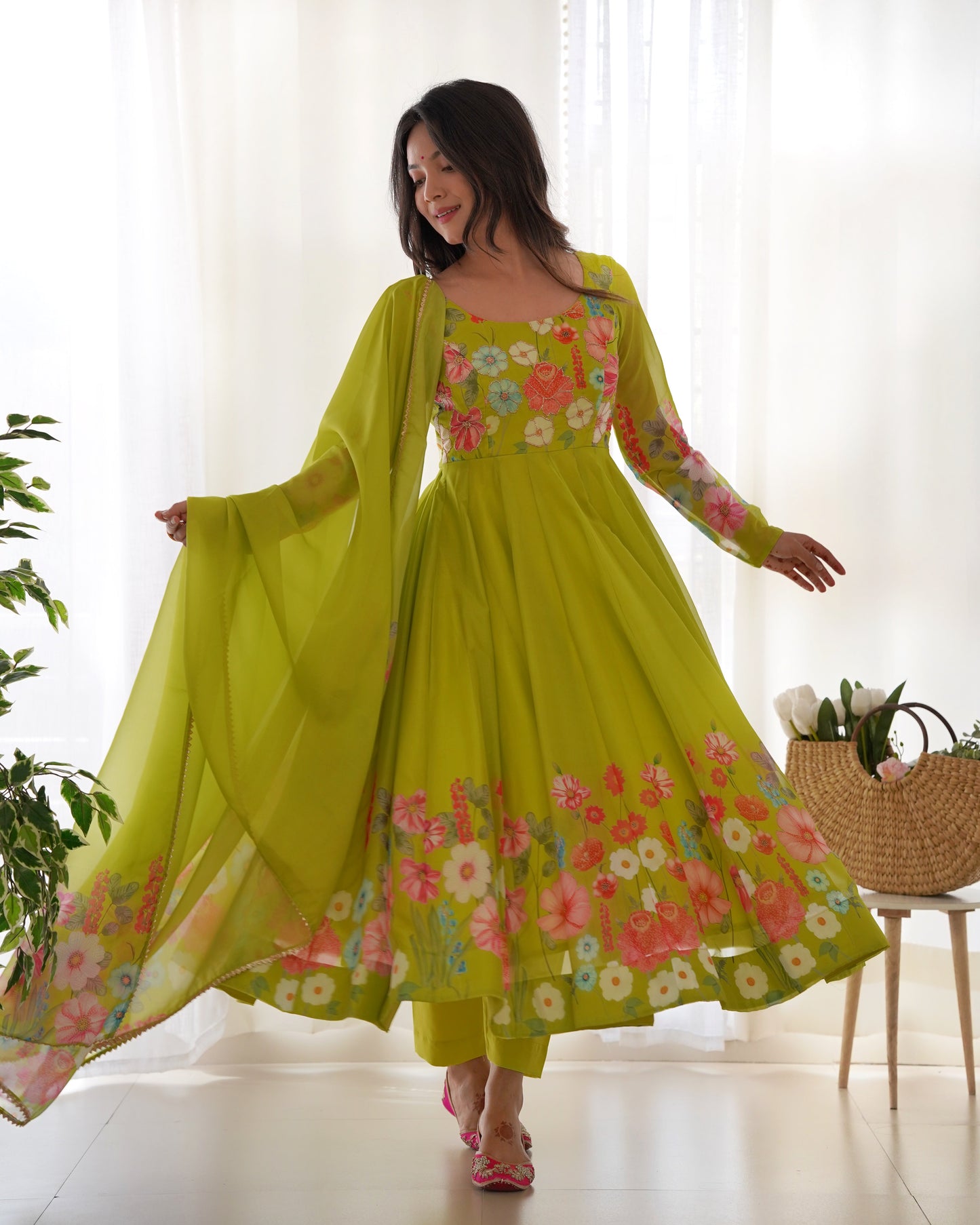 Light Green Soft Organza Anarkali Suit Set with Flared Gown, Dupatta & Pants
