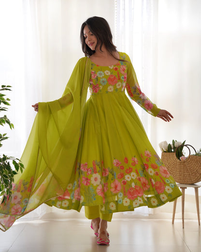 Light Green Soft Organza Anarkali Suit Set with Flared Gown, Dupatta & Pants