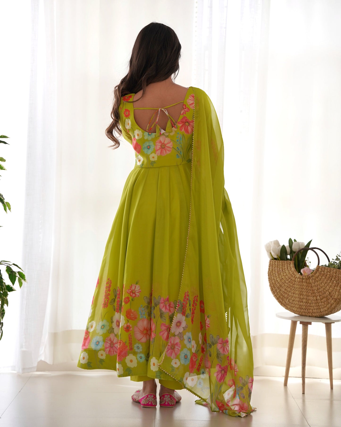 Light Green Soft Organza Anarkali Suit Set with Flared Gown, Dupatta & Pants