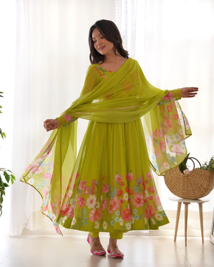 Light Green Soft Organza Anarkali Suit Set with Flared Gown, Dupatta & Pants