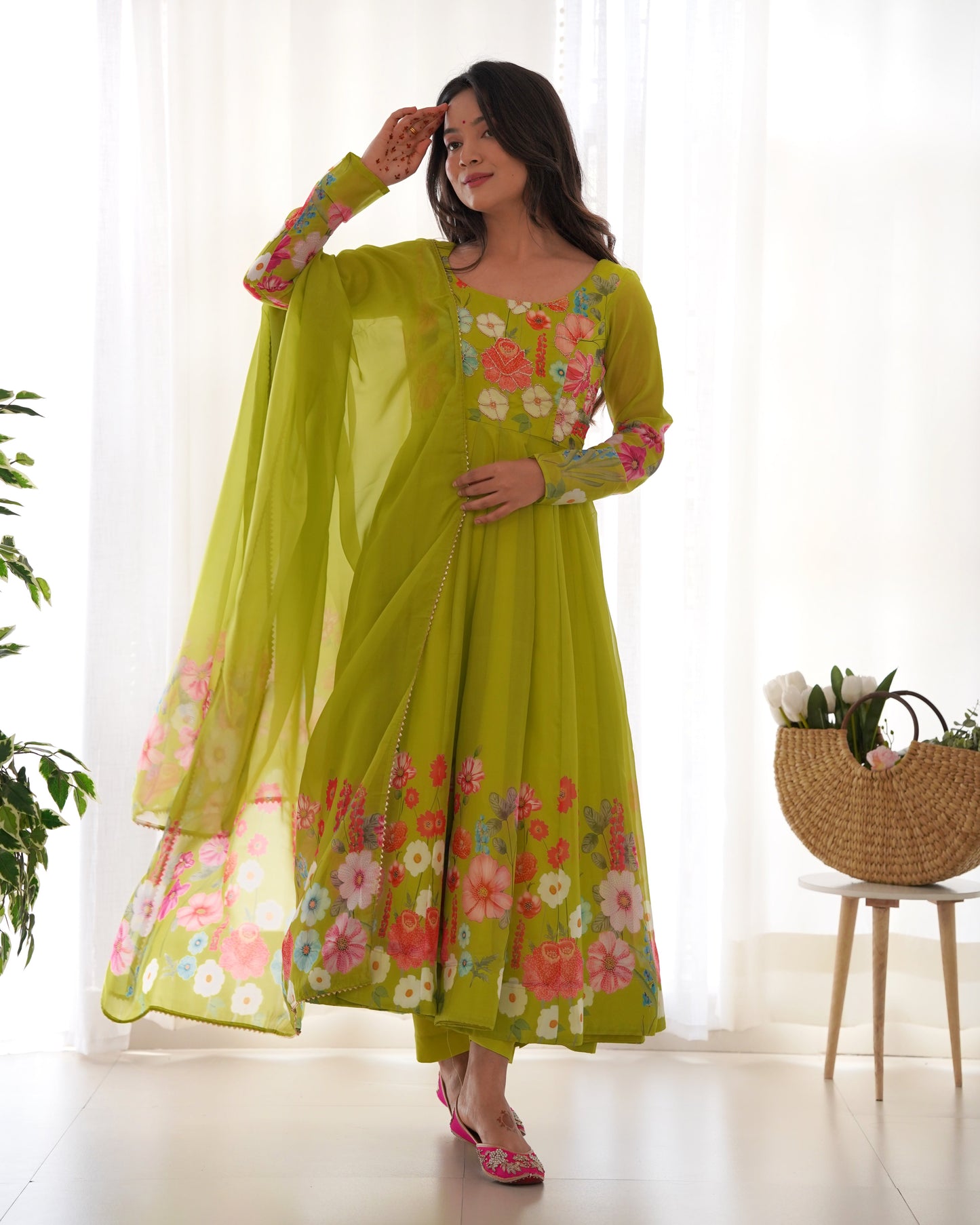 Light Green Soft Organza Anarkali Suit Set with Flared Gown, Dupatta & Pants