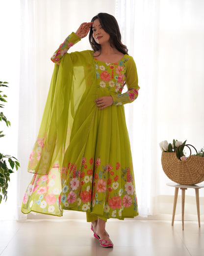 Light Green Soft Organza Anarkali Suit Set with Flared Gown, Dupatta & Pants