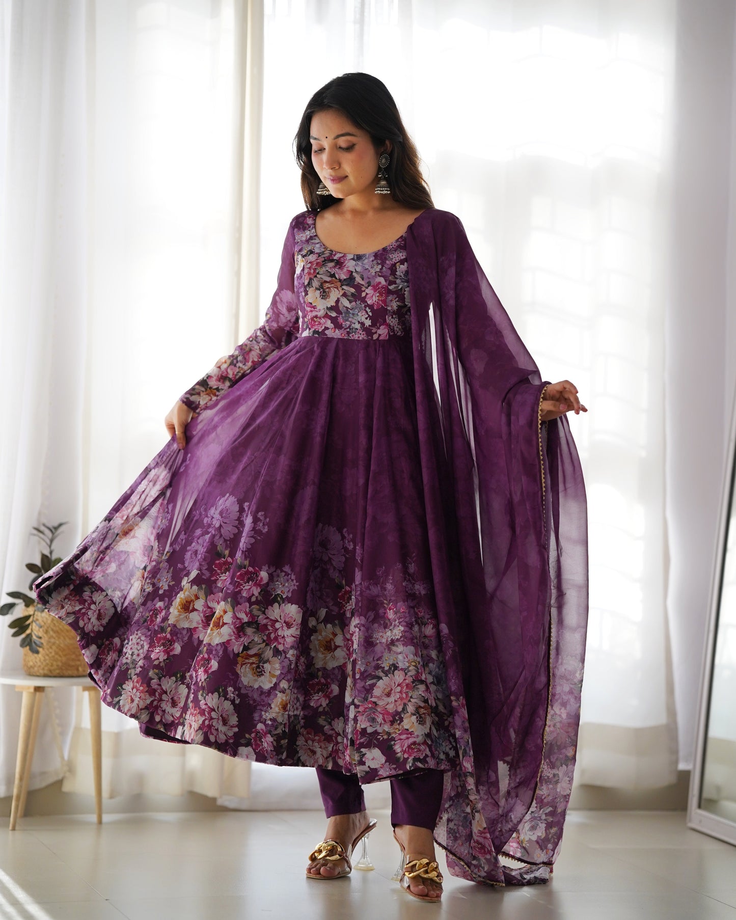 Wine Soft Organza Anarkali Suit Set with Flared Gown, Dupatta & Pants