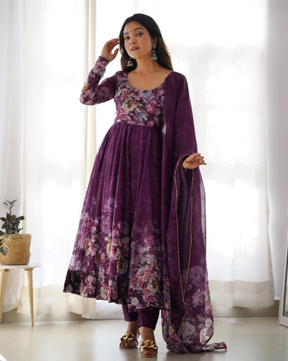 Wine Soft Organza Anarkali Suit Set with Flared Gown, Dupatta & Pants