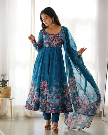 Rama Soft Organza Anarkali Suit Set with Flared Gown, Dupatta & Pants