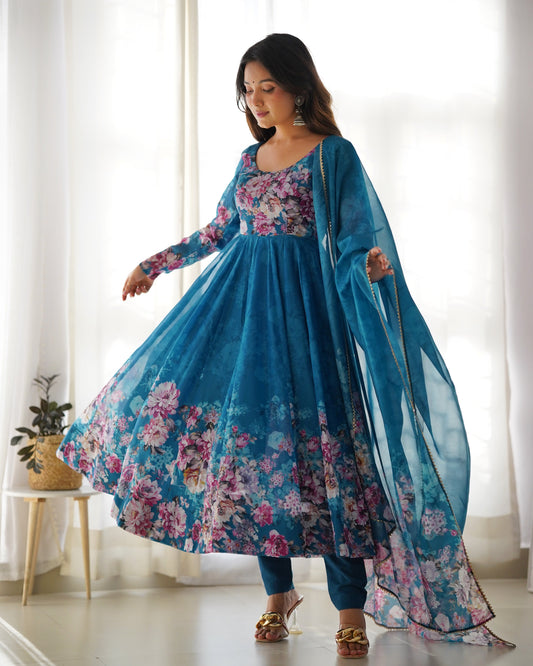 Rama Soft Organza Anarkali Suit Set with Flared Gown, Dupatta & Pants
