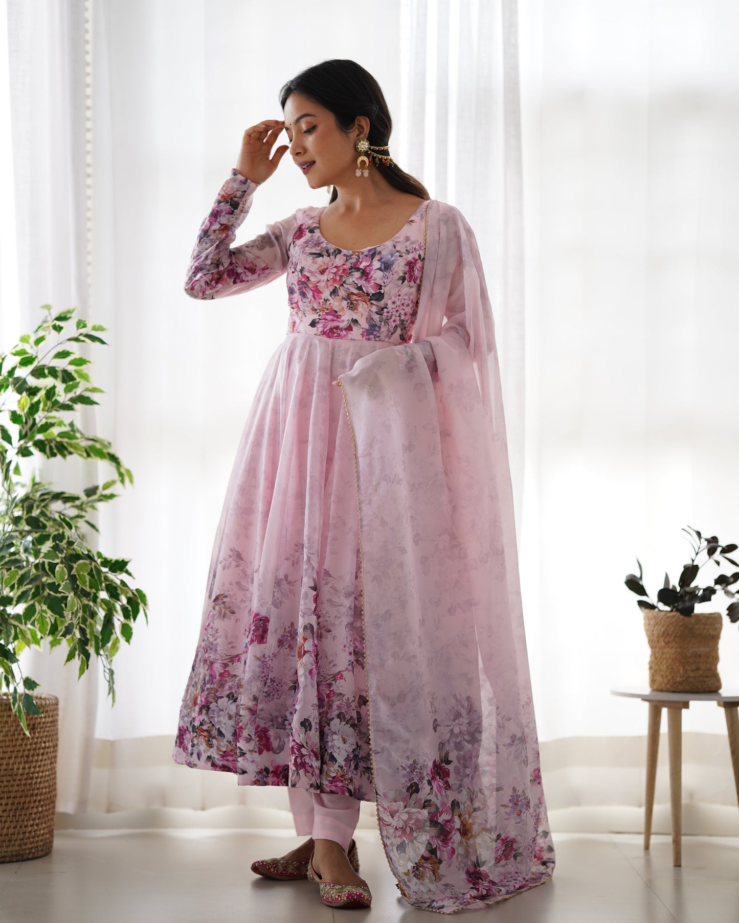 Pink Soft Organza Anarkali Suit Set with Flared Gown, Dupatta & Pants