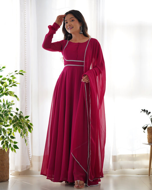 Pink Soft Fox Georgette Anarkali Suit Set with Flared Gown, Dupatta & Pants