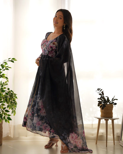 Black Organza Anarkali Gown Set with Gota Patti Dupatta & Pants