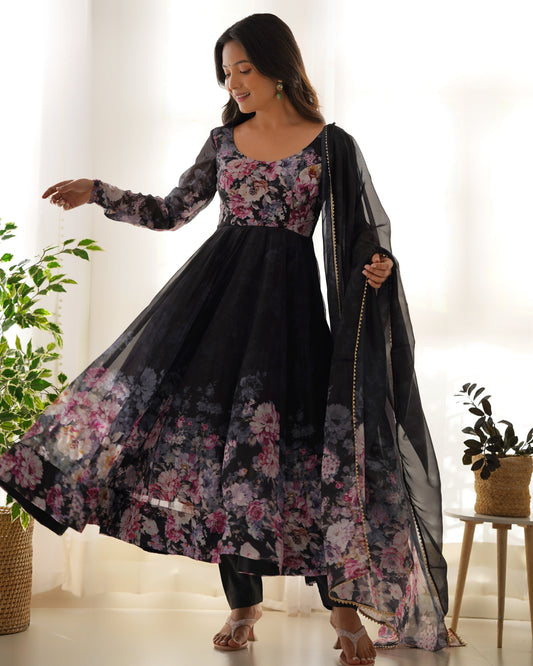 Black Organza Anarkali Gown Set with Gota Patti Dupatta & Pants