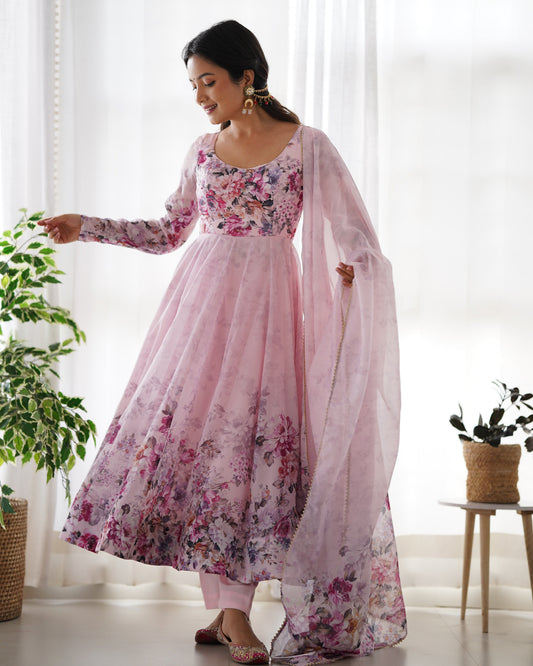 Pink Soft Organza Anarkali Suit Set with Flared Gown, Dupatta & Pants
