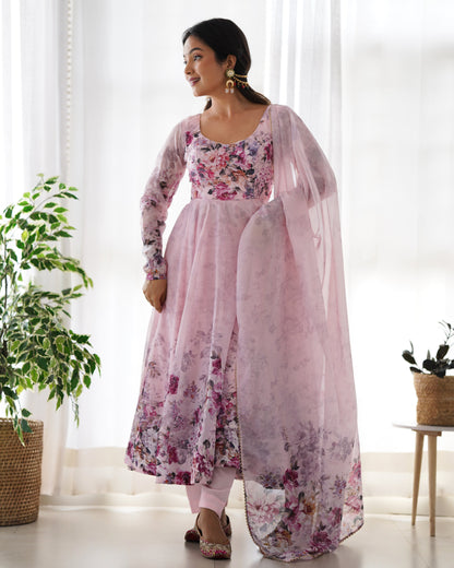 Pink Soft Organza Anarkali Suit Set with Flared Gown, Dupatta & Pants