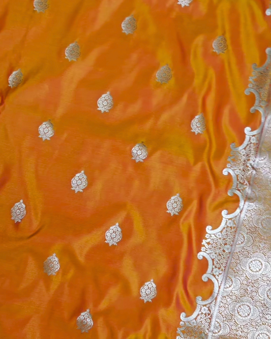 Orange Mashru Silk Saree with Silver Zari Weaving and Contrast Border