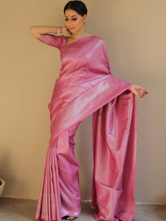 Onion Pink Banarasi SIlk Saree With Nouveau Attached Blouse