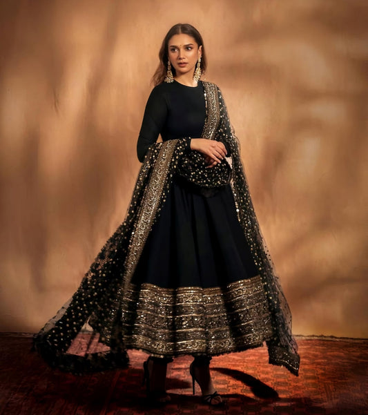 Black Anarkali Suit Set in Rayon Silk with Embroidery and Georgette Dupatta