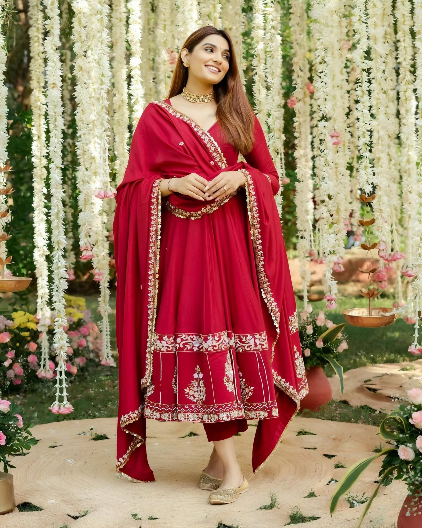 Red Roman Silk Anarkali Suit Set with Embroidery Work, Pant & Dupatta