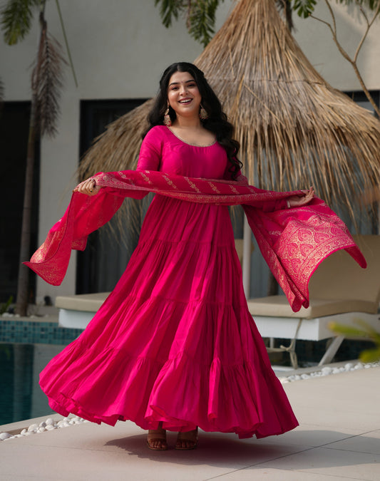 Royal Roman Silk Fully Flared Anarkali Suit Set (3 Piece Set)