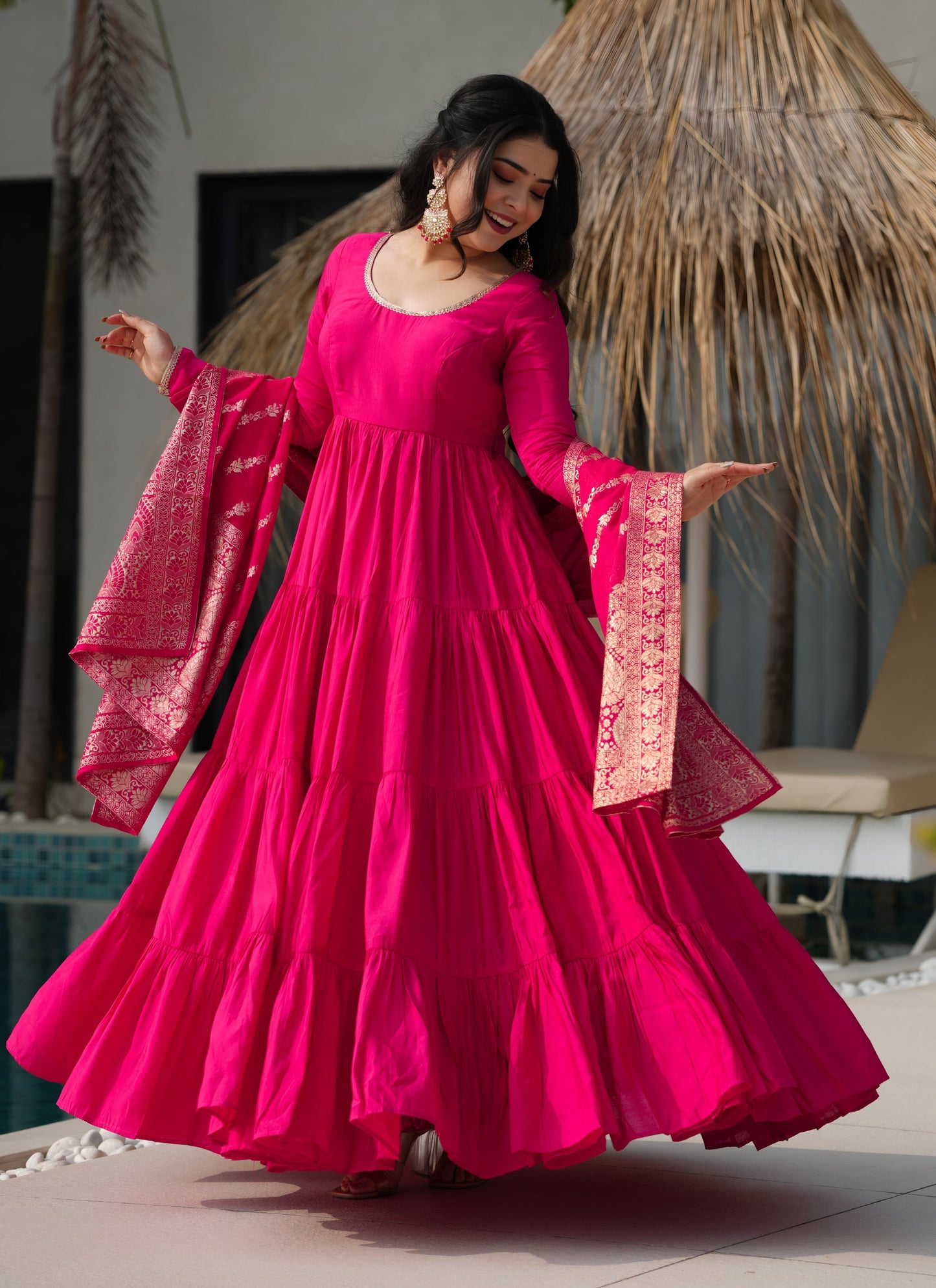 Royal Roman Silk Fully Flared Anarkali Suit Set (3 Piece Set)