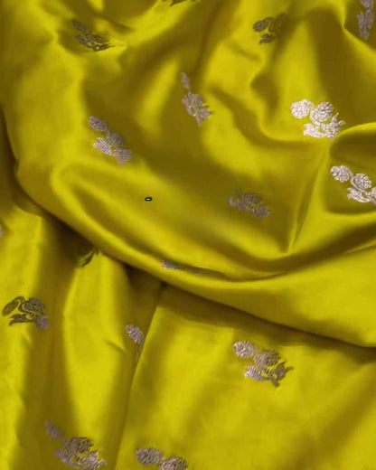 Yellow Banarasi Mashru Satin Silk Saree with Aqua Blue Zari Border