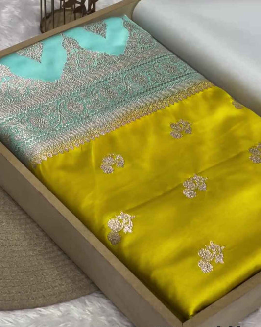 Yellow Banarasi Mashru Satin Silk Saree with Aqua Blue Zari Border