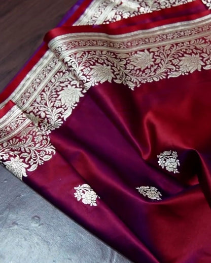 Wine Banarasi Silk Saree with Silver Zari Floral Border