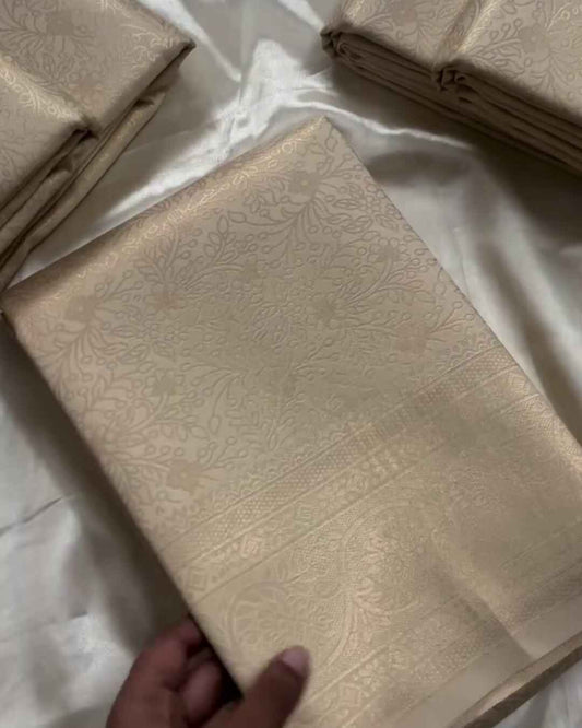 Off White Semi Brocade Soft Silk Saree with Floral Weave