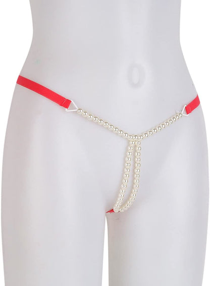 Red Thong with Delicate White Pearl Beading