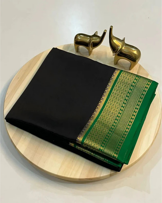 Black and Green Mysore Viscose Silk Saree with Green Border
