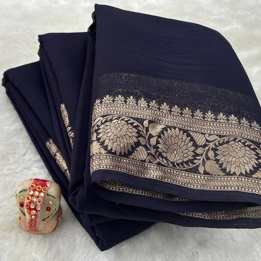 Black Mysore Silk Saree with Floral Zari Border