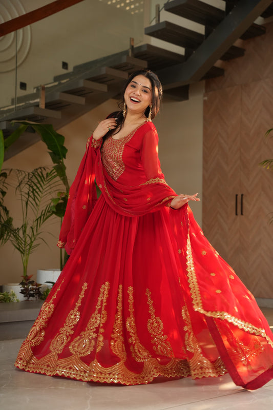 Red Anarkali Suit Set with Faux Blooming Fabric, Embroidery Work and Georgette Dupatta