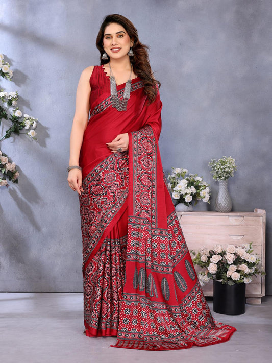 Red Bandhani Print Silk Saree with Patola Pallu Design