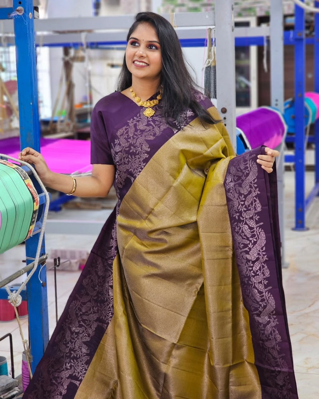 Olive & Plum Handloom Kanjivaram Silk Saree with Floral Motifs