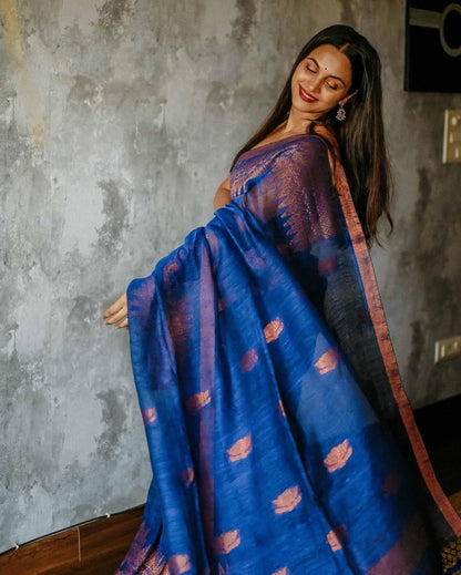 Royal Blue Raw Silk Saree with Copper Zari Border