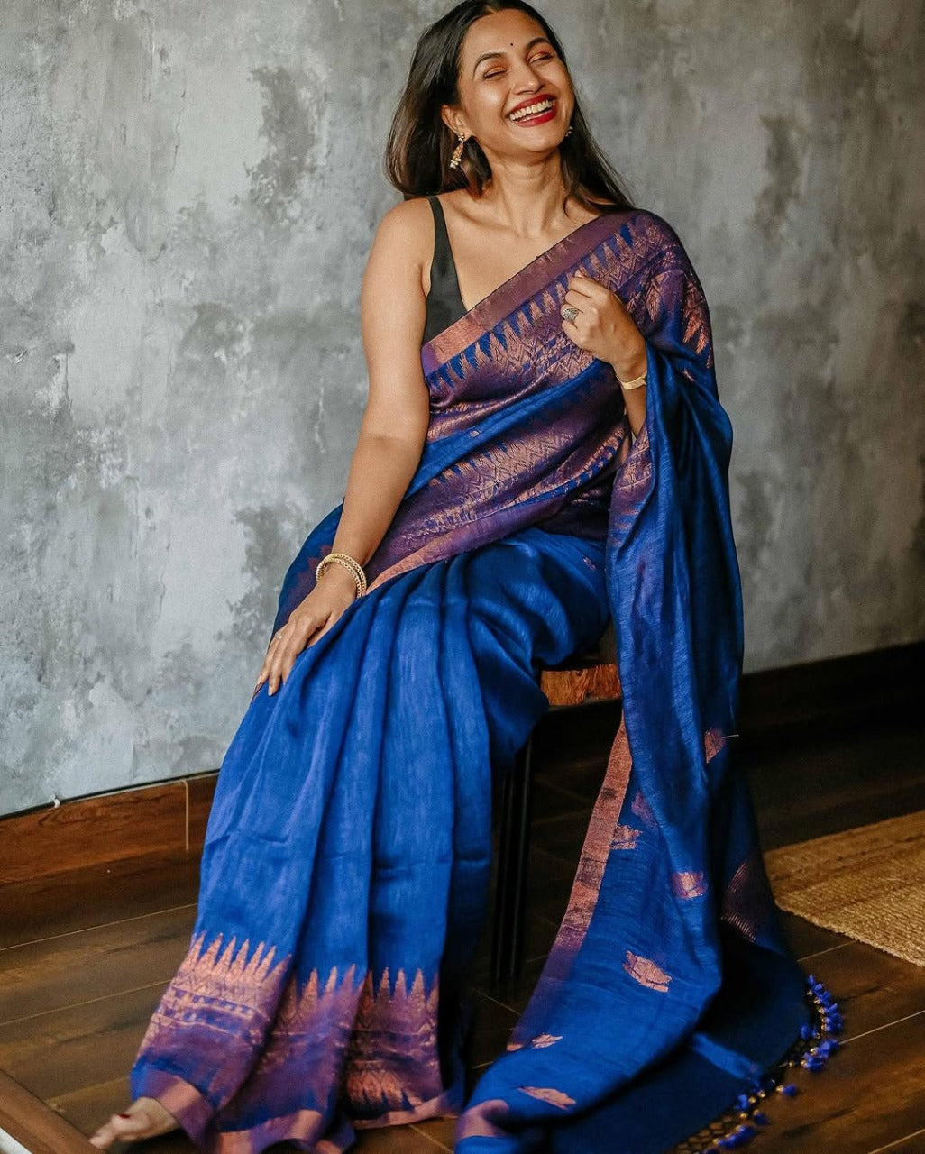 Royal Blue Raw Silk Saree with Copper Zari Border