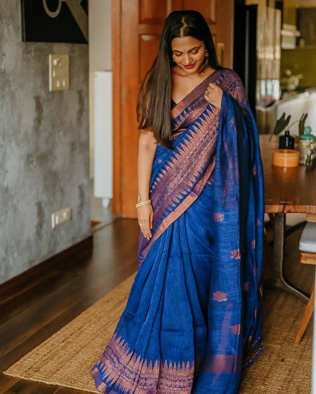 Royal Blue Raw Silk Saree with Copper Zari Border