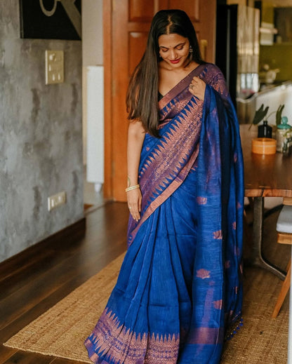 Royal Blue Raw Silk Saree with Copper Zari Border