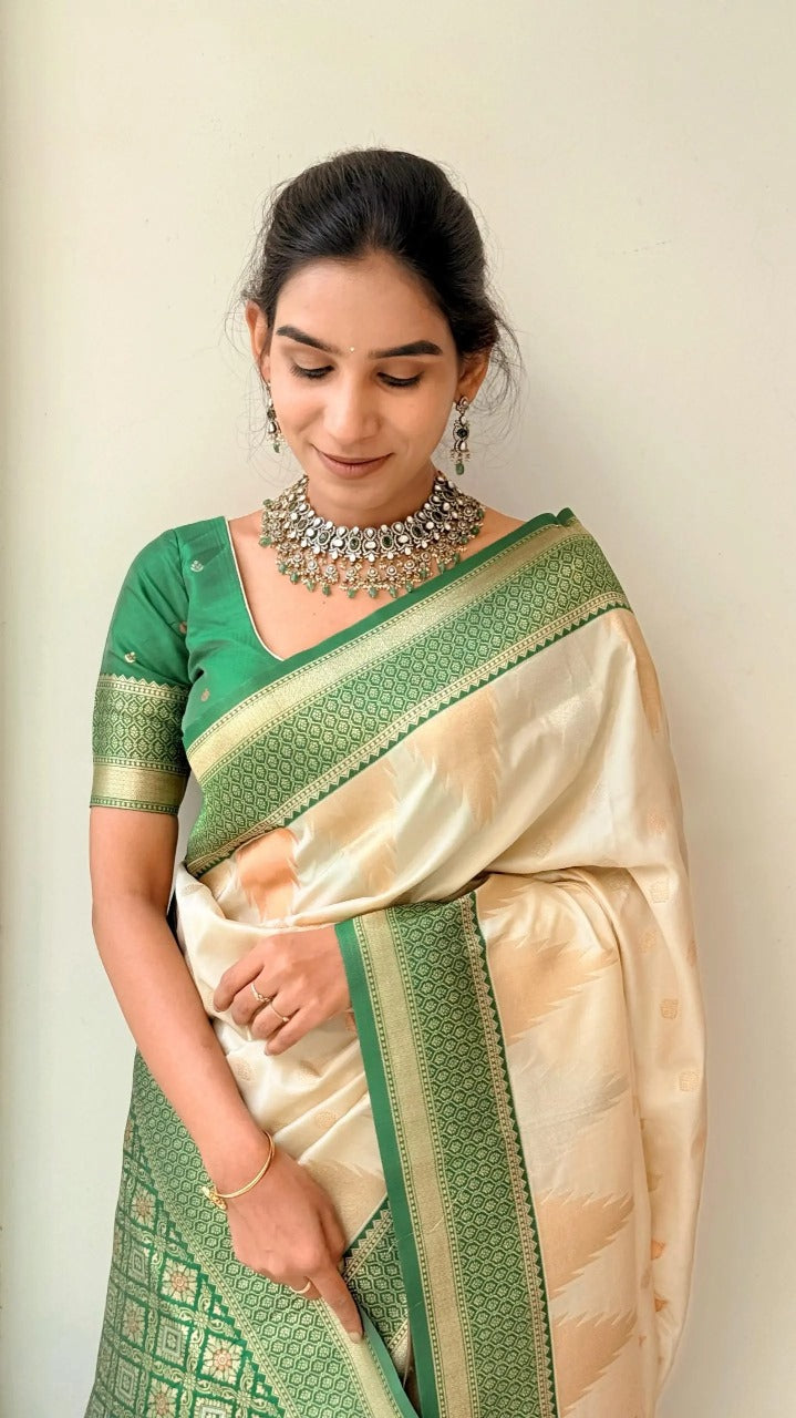 Banarasi Silk Saree with Emerald Green Border