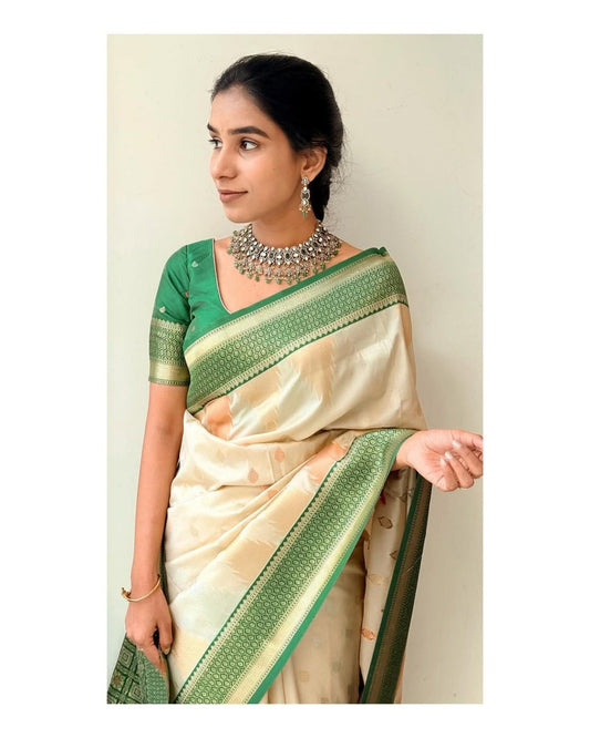 Banarasi Silk Saree with Emerald Green Border