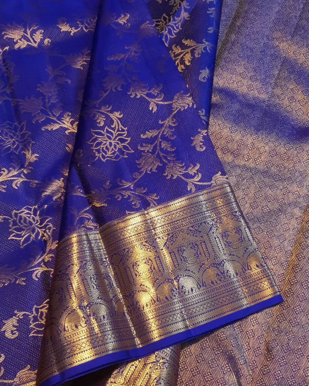 Royal Blue Kanjivaram Silk Saree with Golden Zari Floral Weave