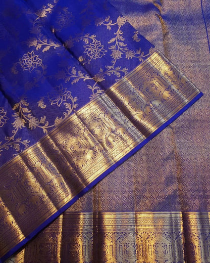 Royal Blue Kanjivaram Silk Saree with Golden Zari Floral Weave