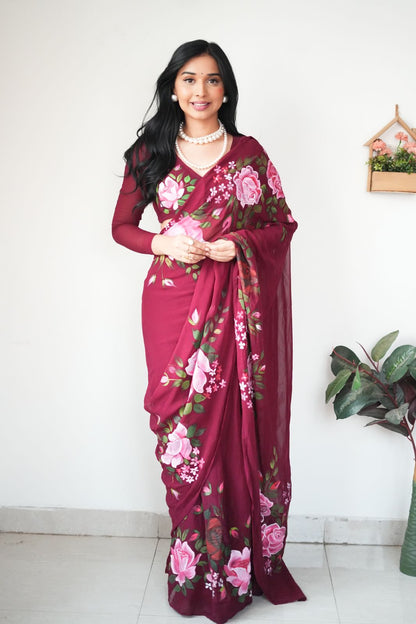 Rosella Bloom maroon organza Saree – Grace in Every Petal