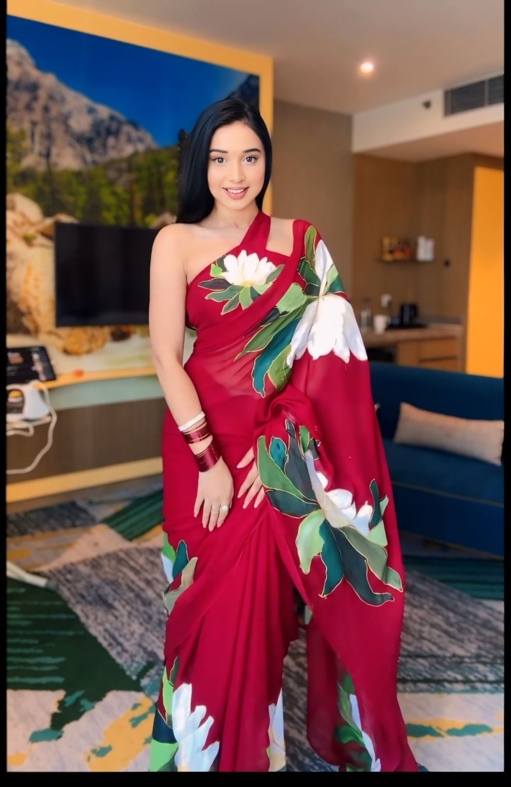 Ruby Bloom Georgette Saree with Bold Floral Print