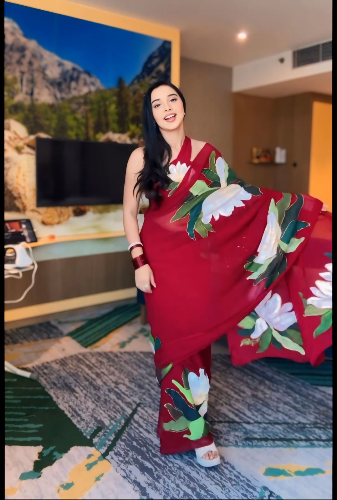 Ruby Bloom Georgette Saree with Bold Floral Print