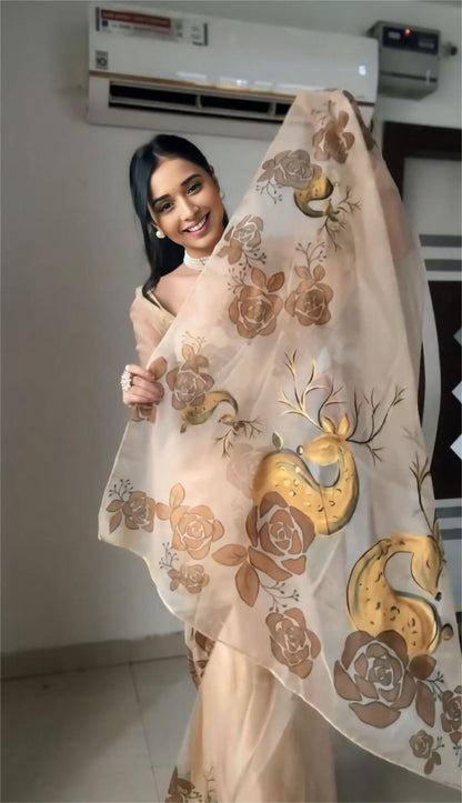 Beige Organza Saree with Hand-Painted Deer Motif